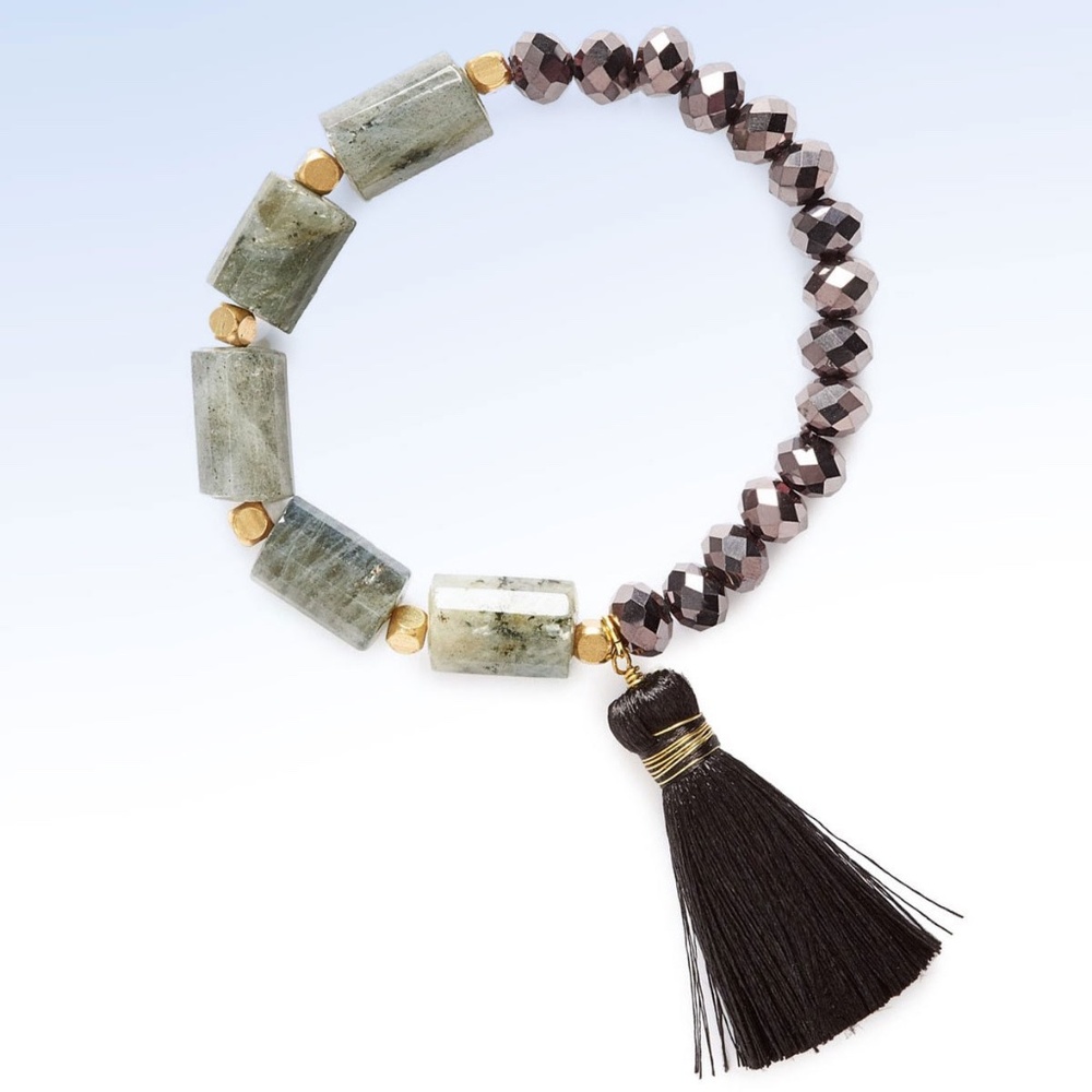 PANACEA Crystal Bead, Labradorite Stone & Tassel Stretch BRACELET